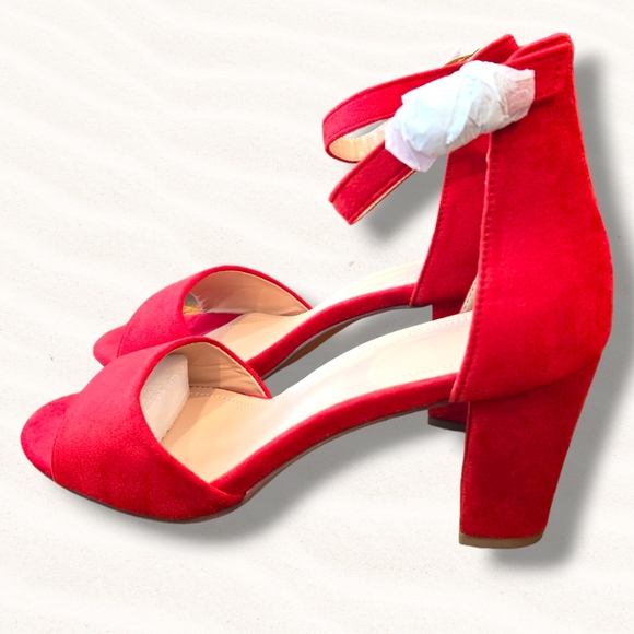 Women's  Peep Toe Ankle Strap Buckle Chunky High Heels Sandals  Red Shoes Sz 9 - Picture 3 of 6